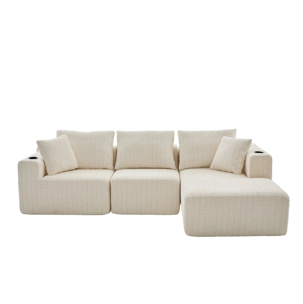 Divano angolare modulare in ciniglia beige con tasche laterali HOMVRA