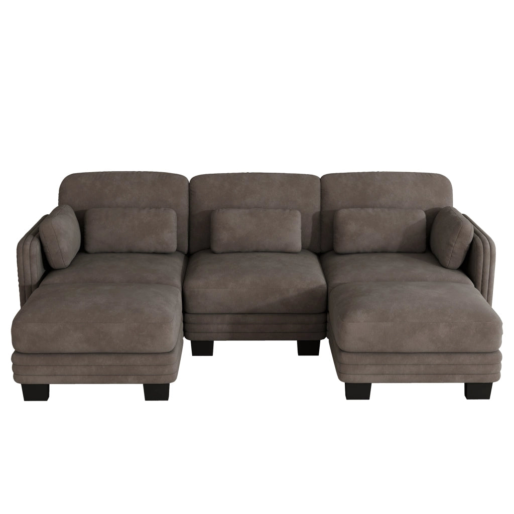 Divano modulare in ciniglia marrone 253x143x88 cm con pouf separato