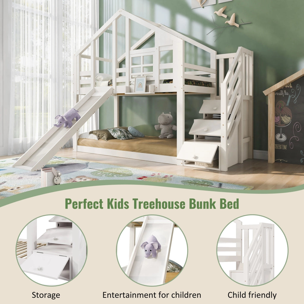 Letto a castello per bambini 90 × 200 cm con scivolo scale contenitore in legno e MDF bianco con rete a doghe