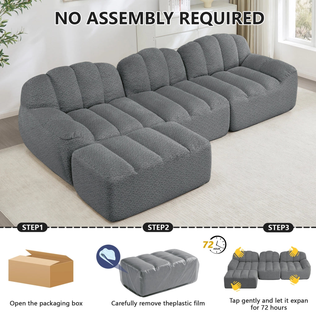 Divano modulare senza struttura a 2 posti a forma di L con pouf, cuscini profondi, grigio