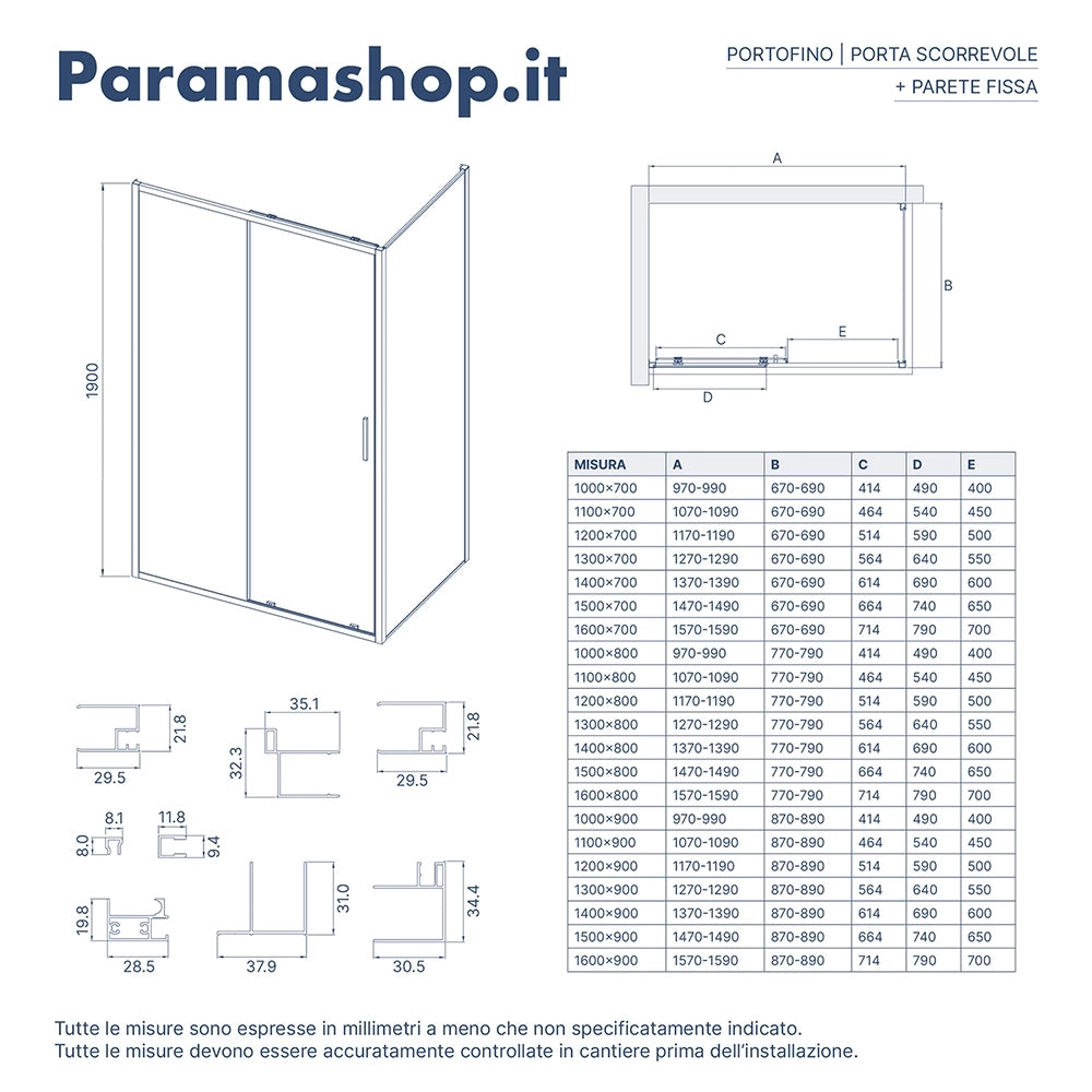 Box doccia slim 90x140cm con porta scorrevole e parete fissa profili nero opaco e vetro 6mm trasparente h190| Portofino