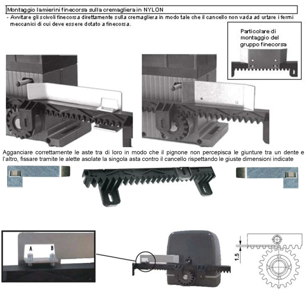 Asta Cremagliera Universale Antirumore M4 da 1 Metro Denti in Nylon Antiusura Interno Acciaio Portata Garantita 6 Q.li 6 Bulloni Collaudo 10 Q. Ricambio Cancello Scorrevole Giunture a Coda di Rondine