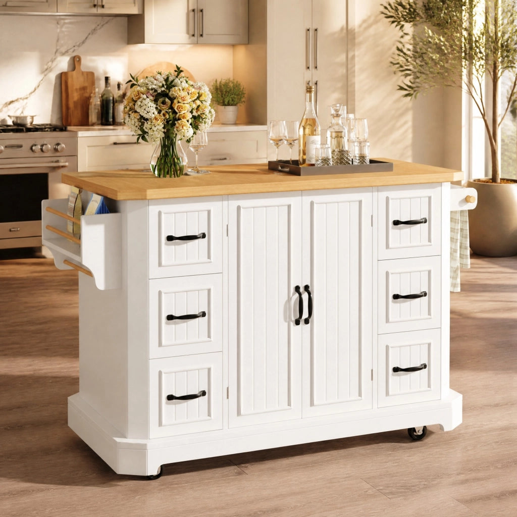 Isola da cucina mobile con 2 ante e 6 cassetti su 5 ruote in MDF e metallo bianco 120 × 45 × 91 cm