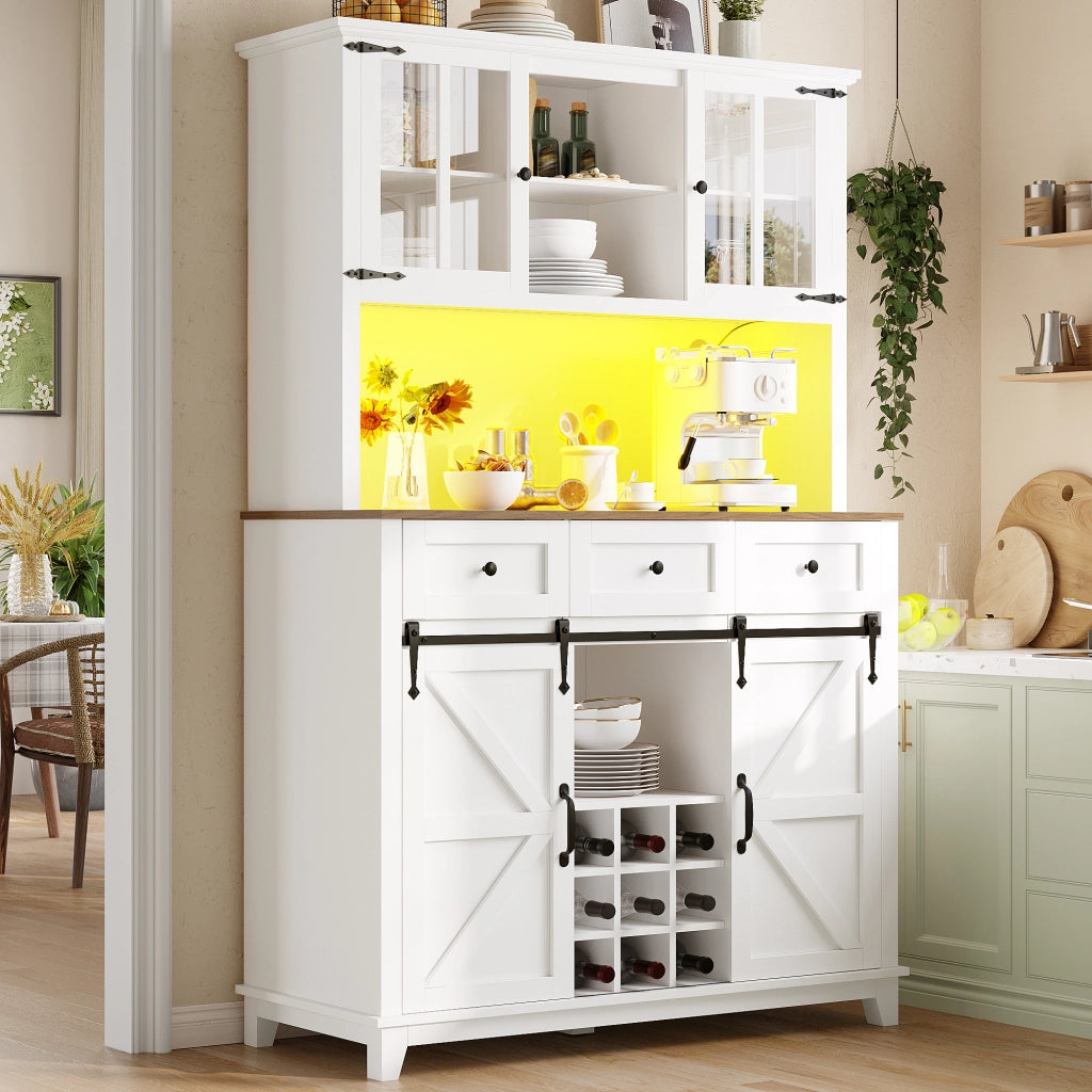 Credenza alta da cucina 105x38,4x180 cm in MDF bianco con LED, ante scorrevoli e ripiani regolabili