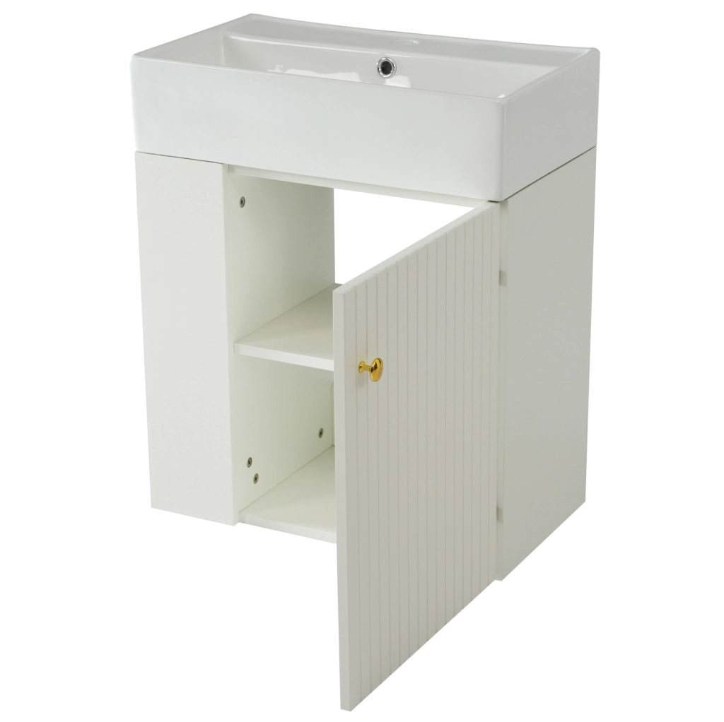 Mobile bagno compatto bianco con lavabo in ceramica e ripiani laterali