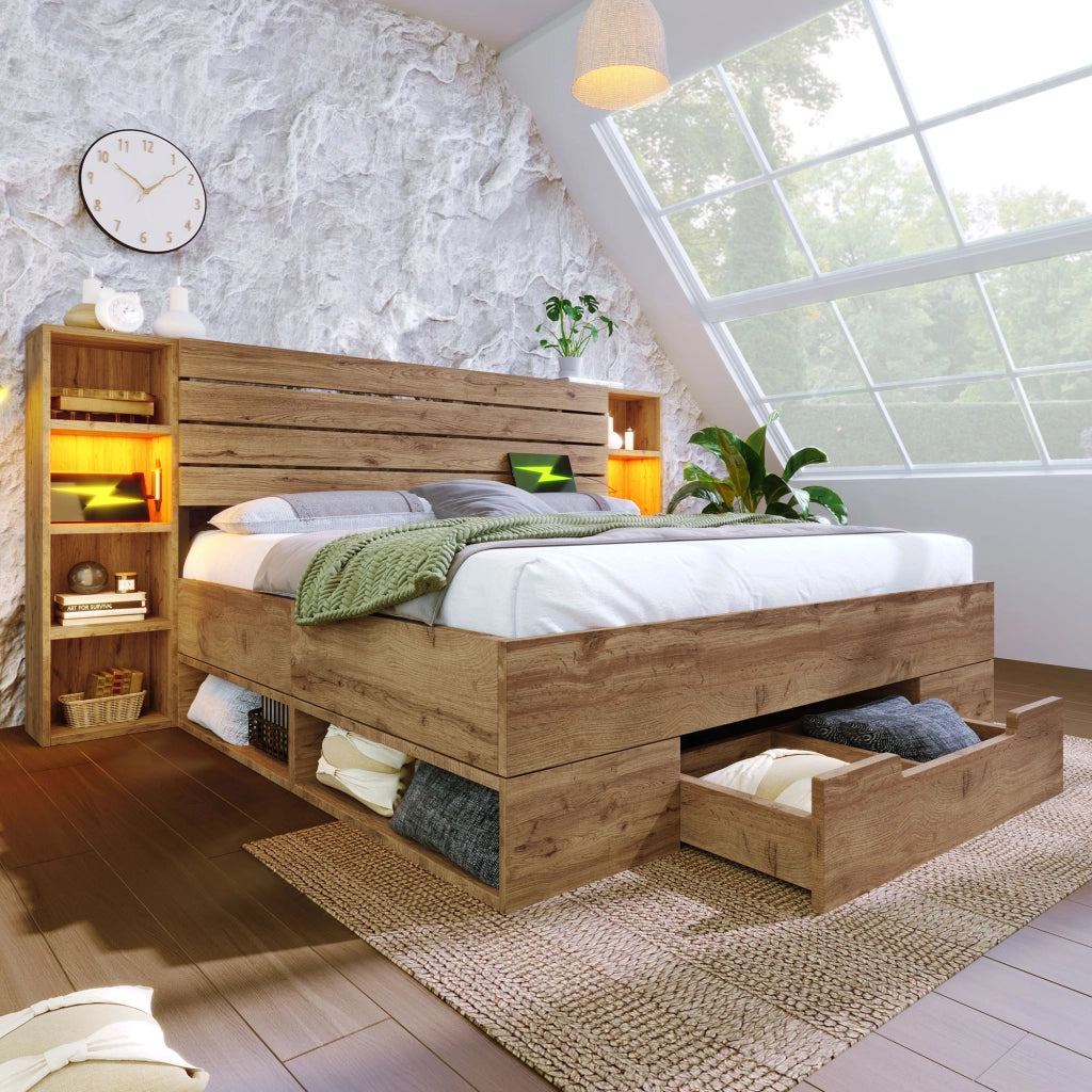 Letto matrimoniale 160×200 cm 2 posti; LED regolabile; USB e ricarica C; mensole e 2 cassetti; senza materasso