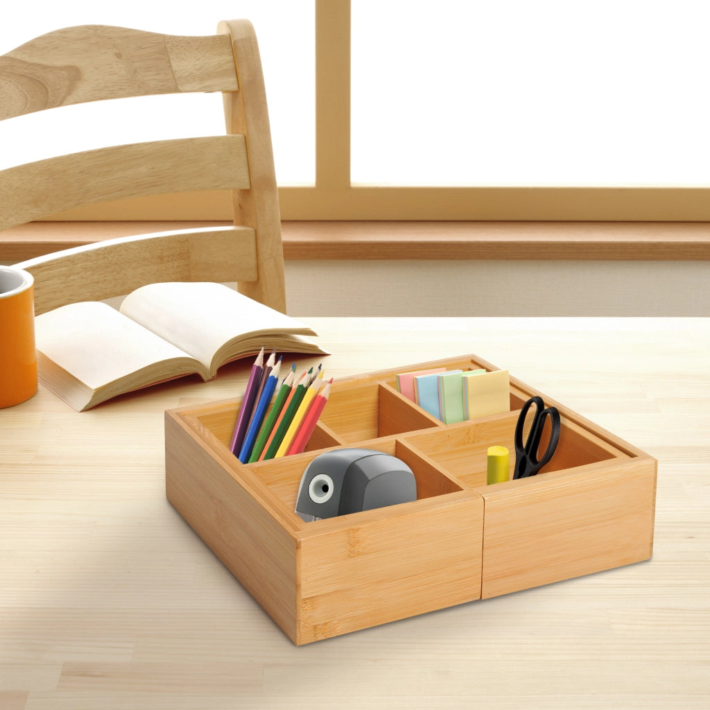 Scatola portaoggetti con cassetti, organizer estraibile, bamb¨´, colore naturale, 24,6 x 17,6 x 7 cm