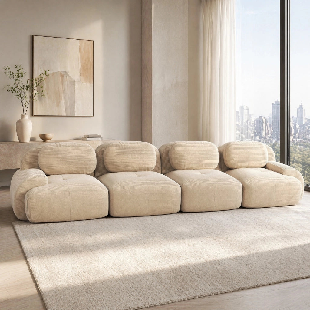 Divano modulare 4 posti 388x103x70 cm in tessuto a coste beige, per ambienti ampi –