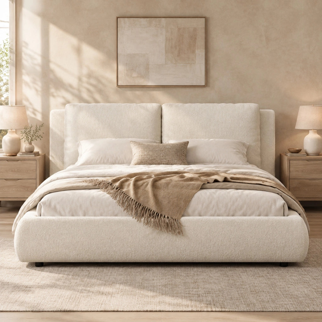 Letto imbottito 180x200 cm con contenitore e rete a doghe, rivestimento boucl¨¦ beige