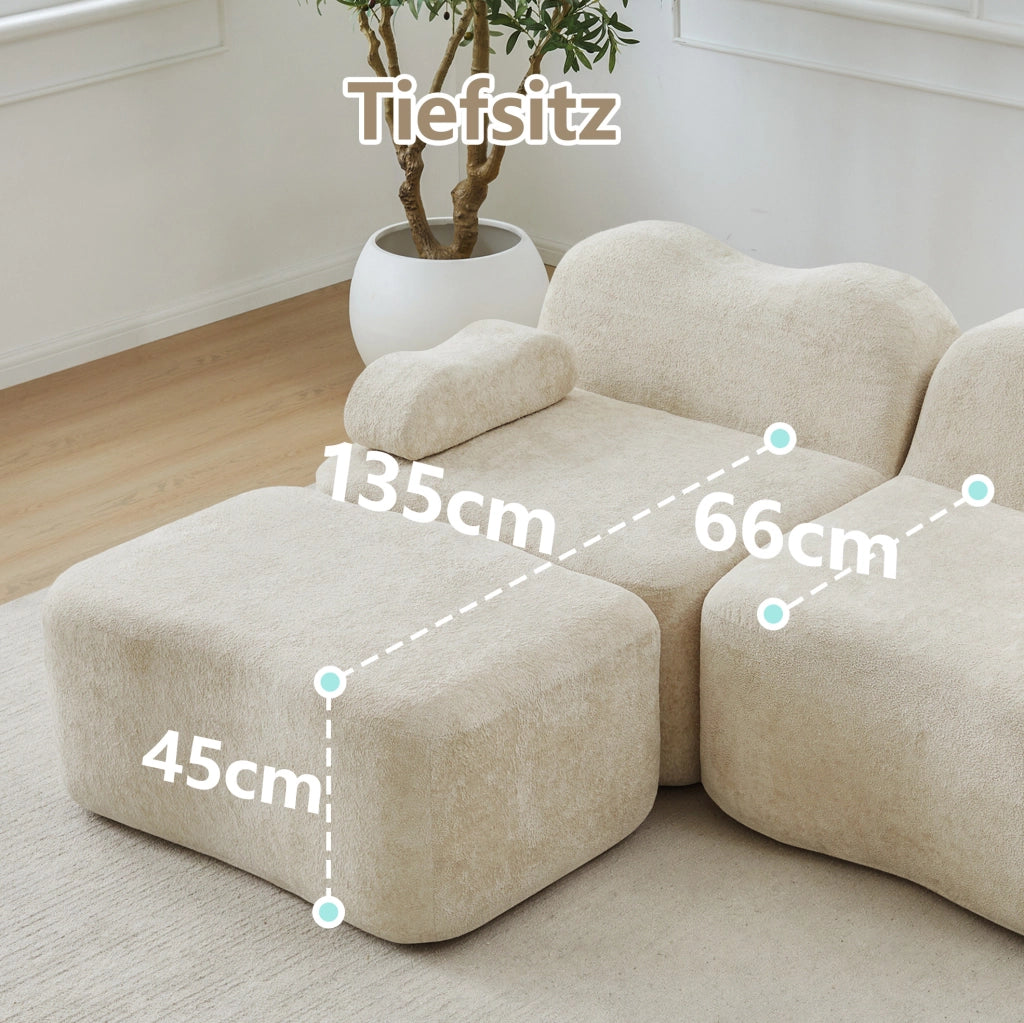 Divano modulare 2 posti con 2 pouf, schiuma ad alta densità 32D, rivestimento in velluto beige, ideale per soggiorno e appartamenti