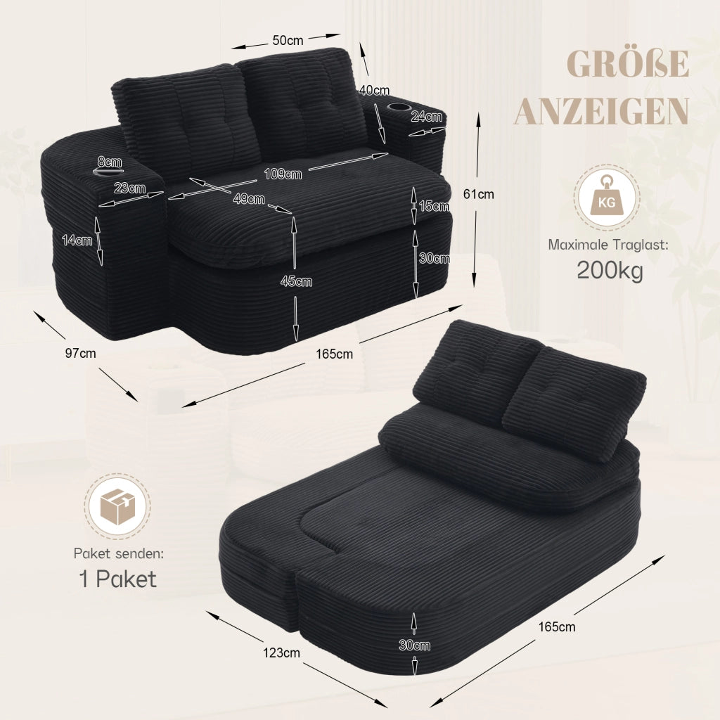 Poltrona letto 2 in 1 con braccioli rimovibili; portabevande e tasche laterali; velluto a coste nero