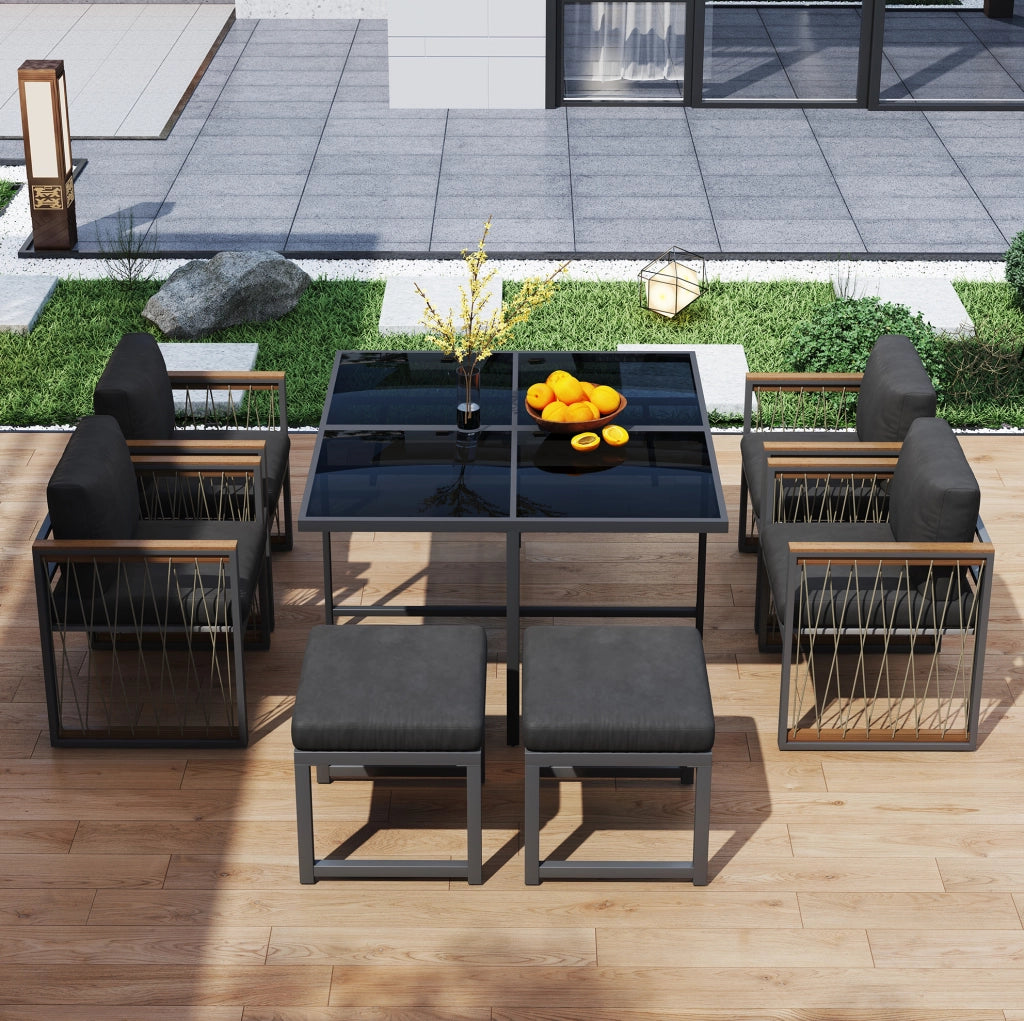 Set da pranzo da giardino 7 pezzi con tavolo quadrato in vetro temperato e sedie con braccioli in materiale composito legno-plastica, per 6 persone