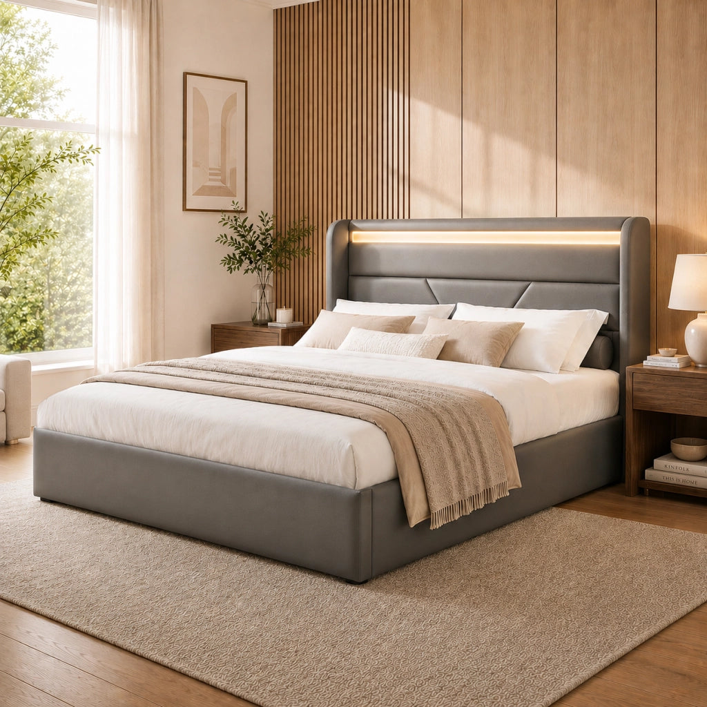 Letto Contenitore 140x200 con Illuminazione LED; Letto Matrimoniale Grigio in PU con Telecomando