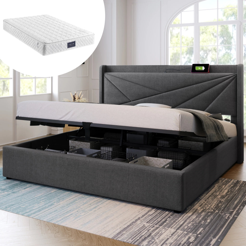 Letto contenitore 140 × 200 cm con testiera imbottita e porte USB e USB-C in cotone e lino grigio