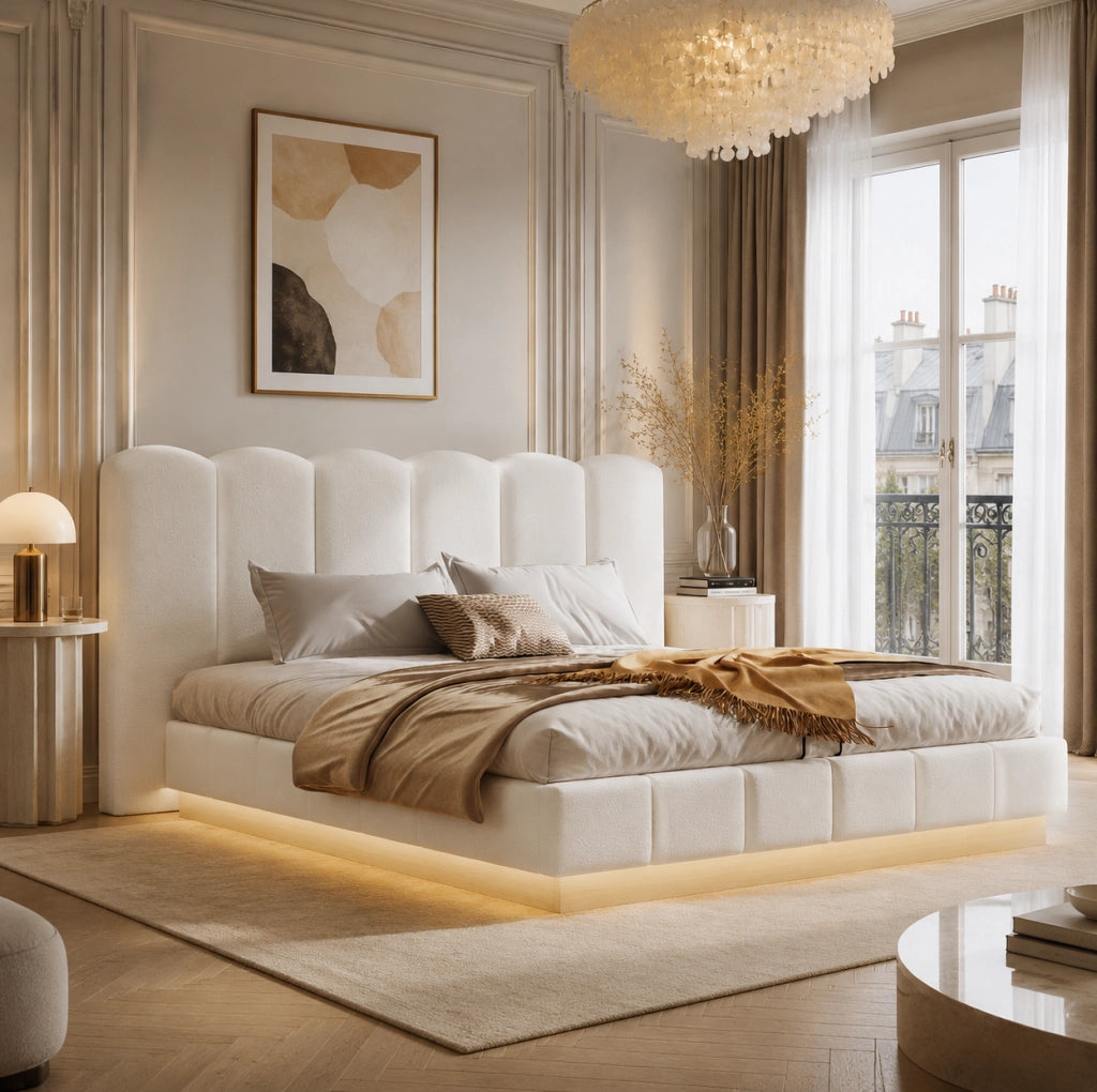 Letto matrimoniale 180x200 cm con contenitore idraulico e LED in boucl¨¦ bianco