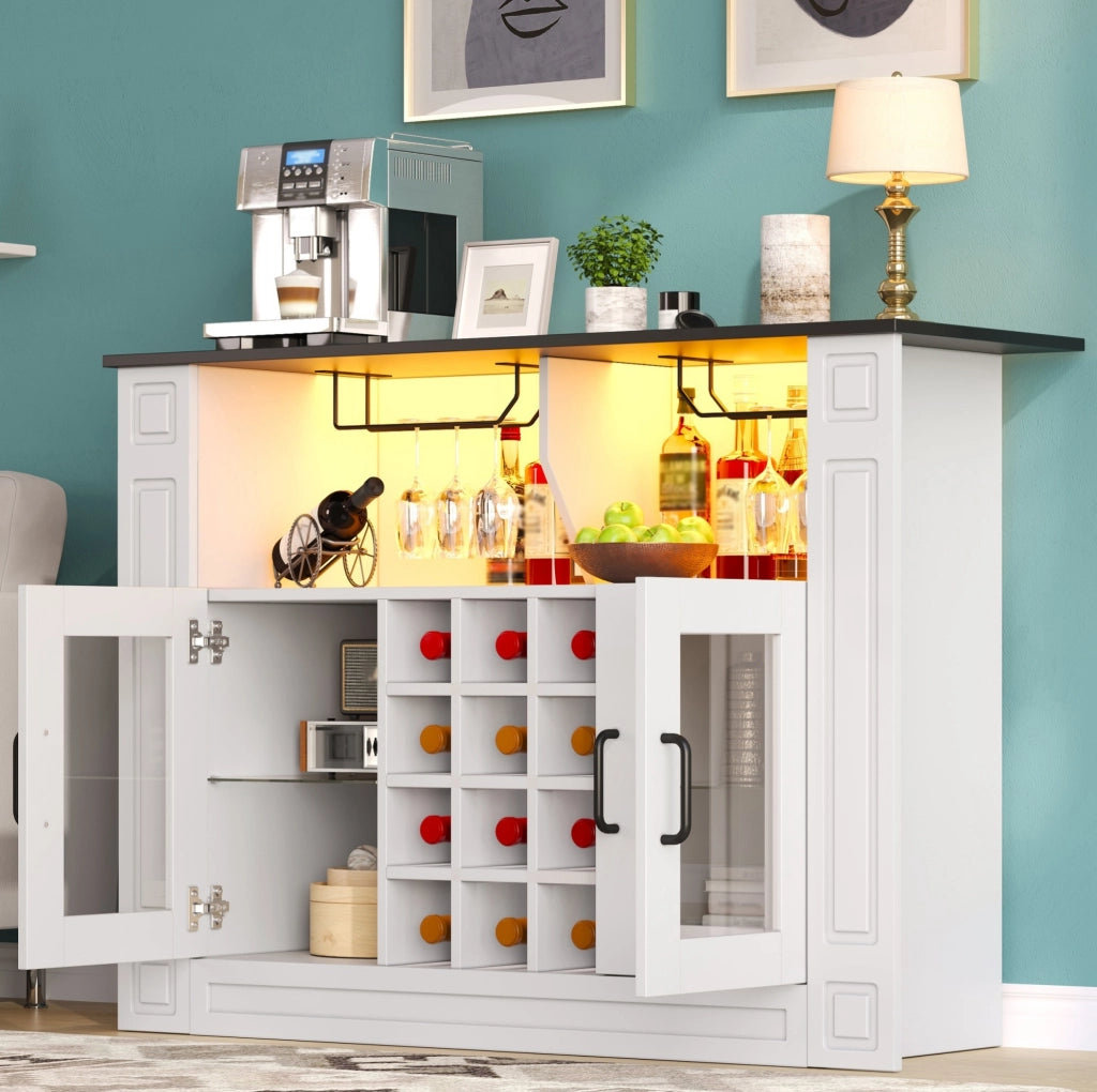 Mobile bar per vini 120x35x84 cm con LED RGB; portabicchieri e 12 vani; MDF bianco