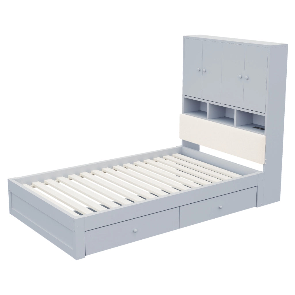 Letto singolo 90 × 200 cm con contenitore testiera imbottita luci led e presa in legno grigio