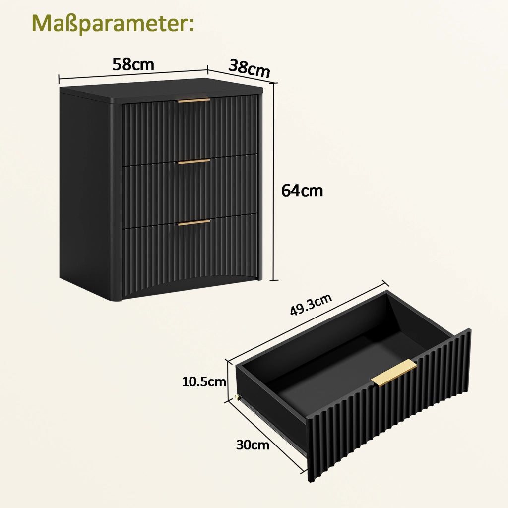 Comodino con 3 cassetti a chiusura ammortizzata in MDF nero con maniglie dorate e angoli arrotondati 58 × 38 × 64 cm