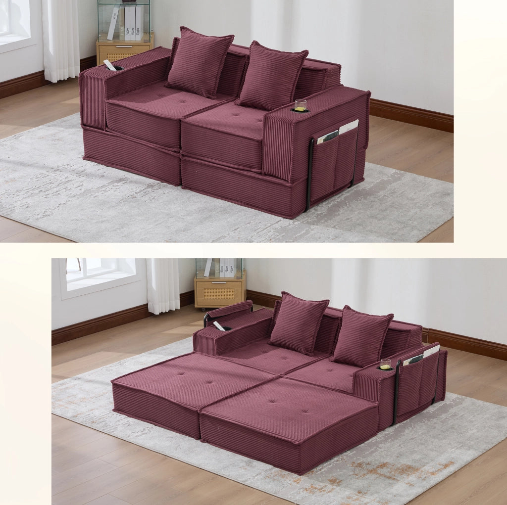 Divano Letto Doppio Moderno in Tessuto con Pouf Contenitore e Due Cuscini, 162x78x66 cm