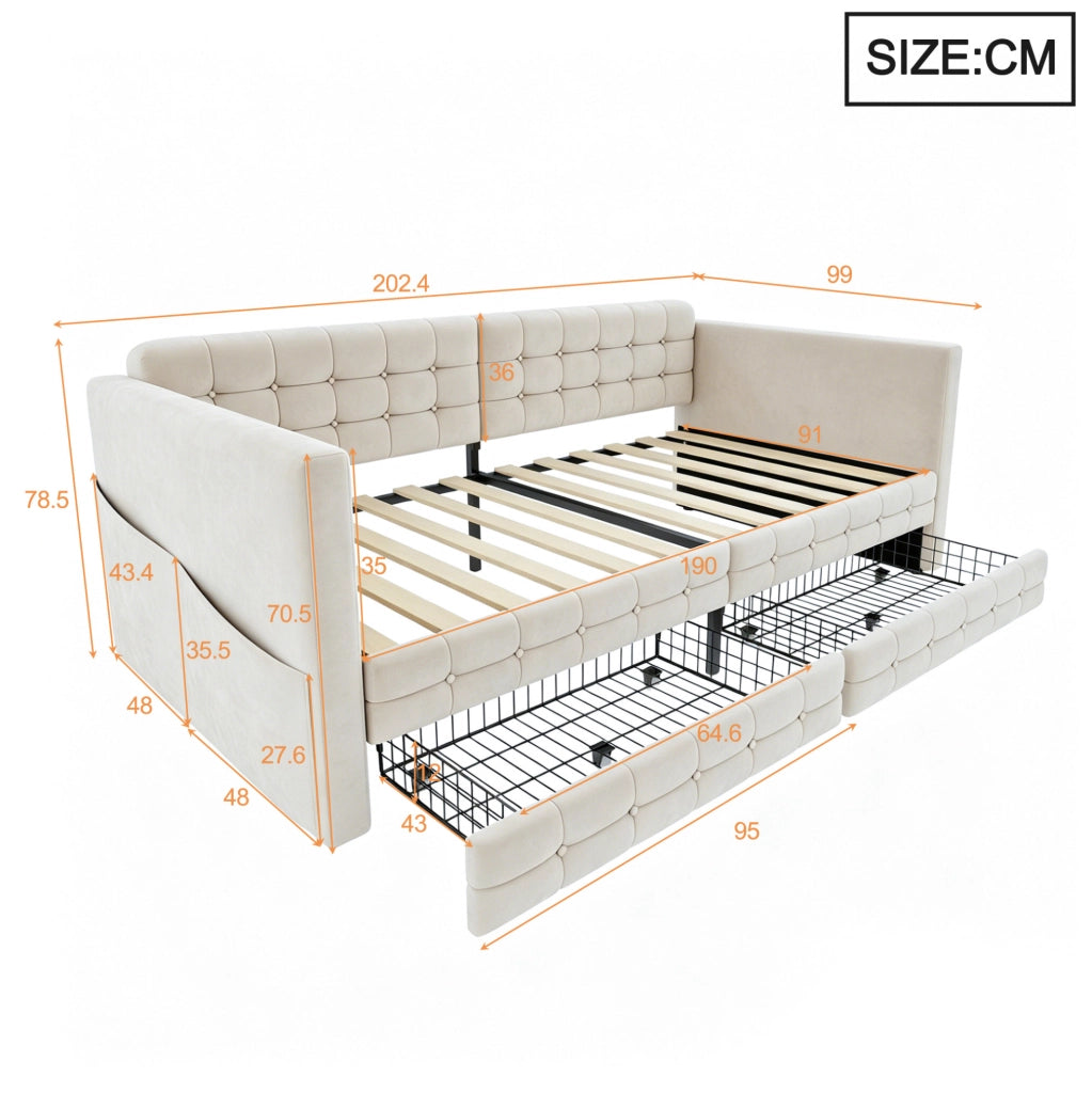Letto imbottito 90x190 cm beige in velluto con cassetti e tasche laterali