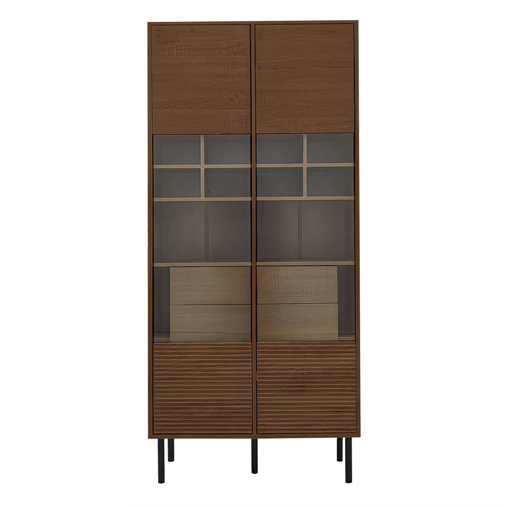 Mobiletto Multiuso Effetto Noce 75;5x35x164;5 cm Vetrina con Ante in Vetro e Cassetti