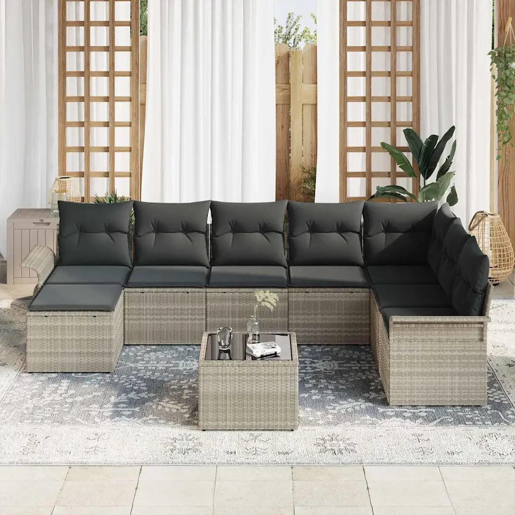 Set Divano da Giardino con cuscino 9 pcs Grigio Poly Rattan