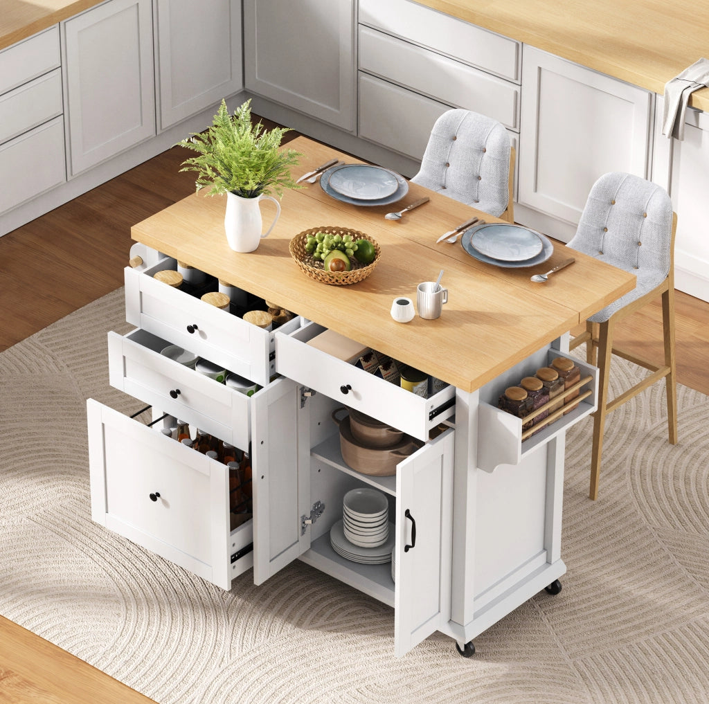 Isola cucina con ruote 107 x 45-70 x 90,5 cm bianco e legno, piano estensibile