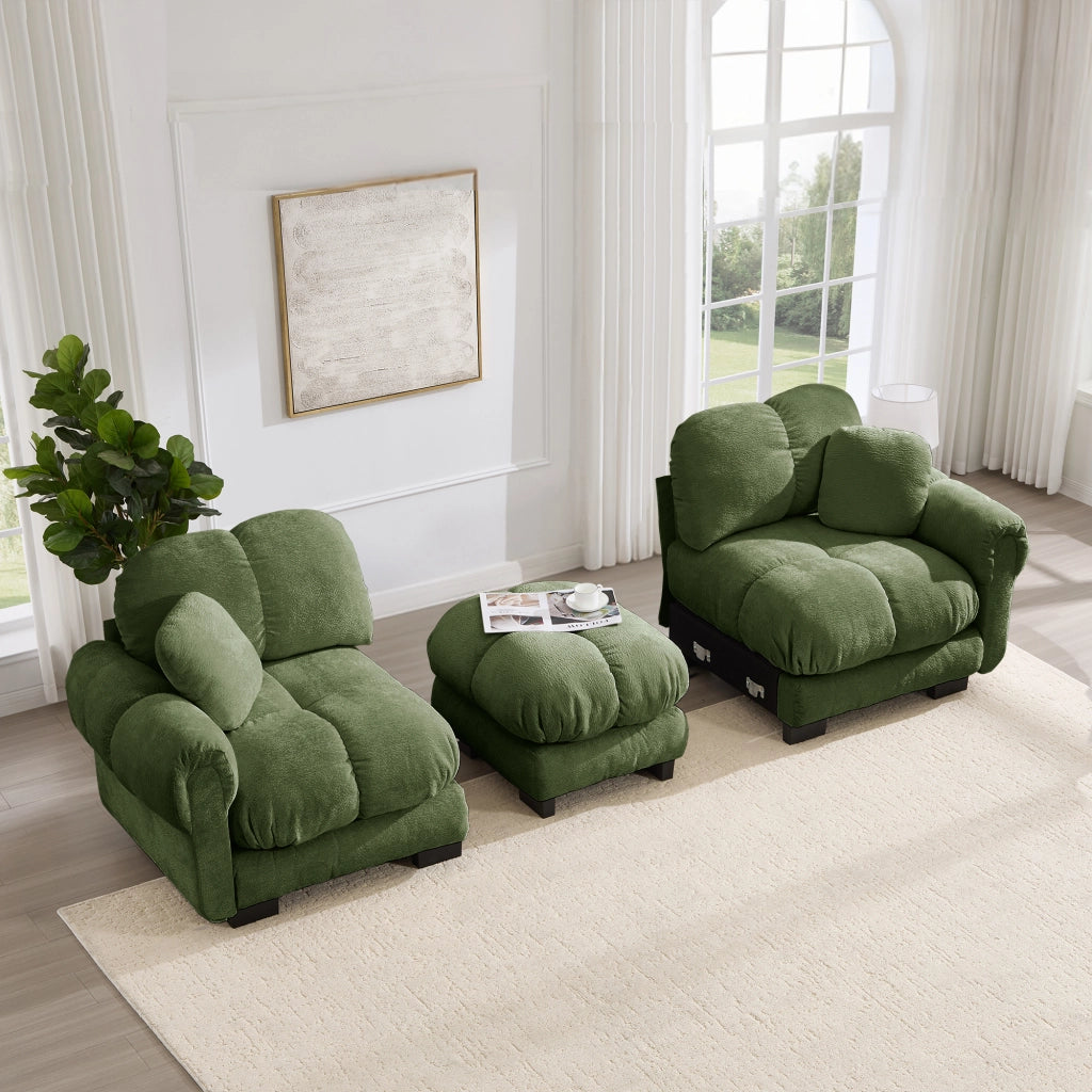 Divano angolare a 2 posti in ciniglia verde con ottomana mobile e cuscino incluso 190 × 149 × 90 cm