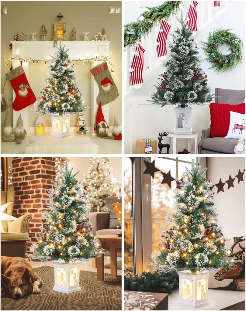 Set 2 Alberi di Natale 90cm con 78 LED Bianco Caldo 8 Modi e Base Pupazzo di Neve