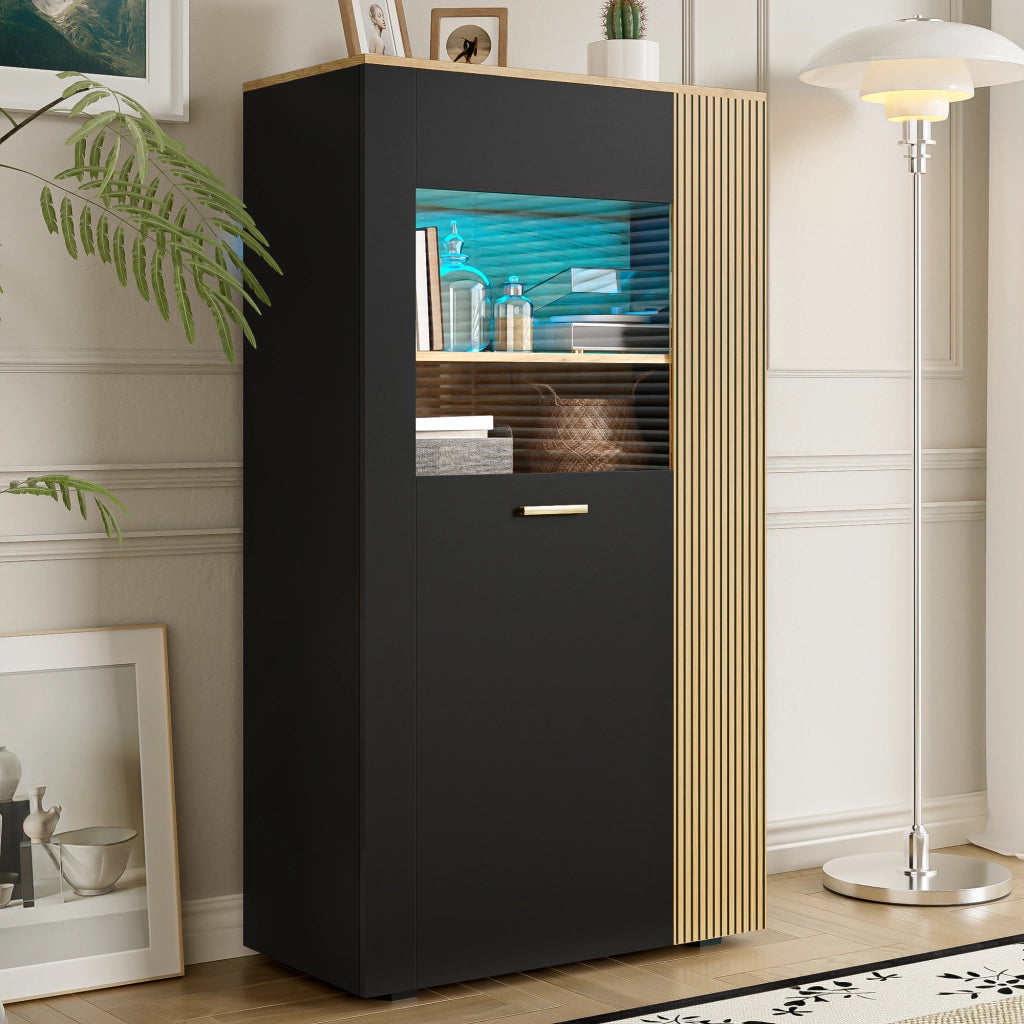 Mobile contenitore con 1 anta in vetro; 3 ripiani fissi; 2 ripiani regolabili e LED per soggiorno 80 × 40 × 146 cm