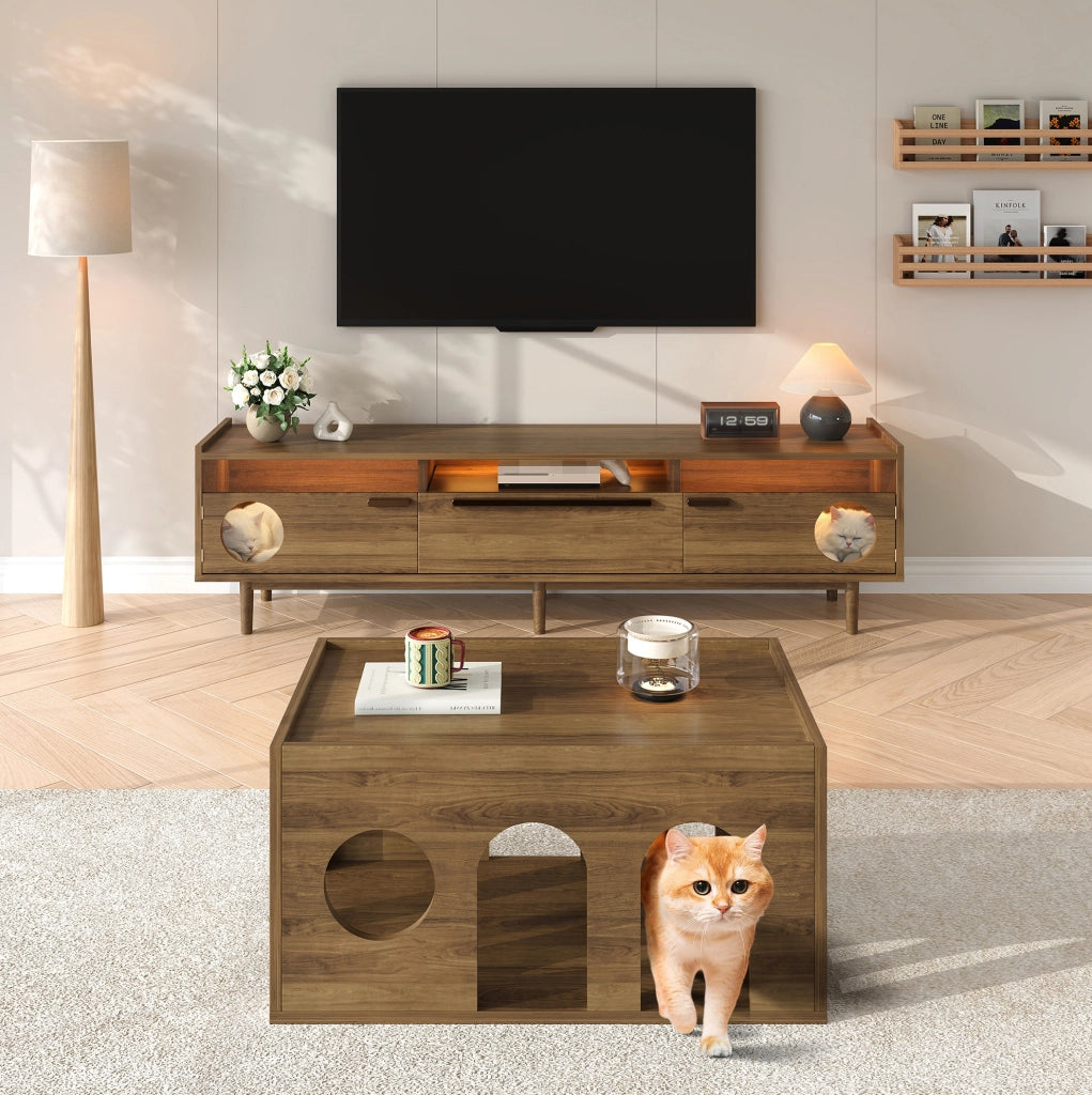Mobile TV con vano per gatti e LED, noce, 180×40×50 cm