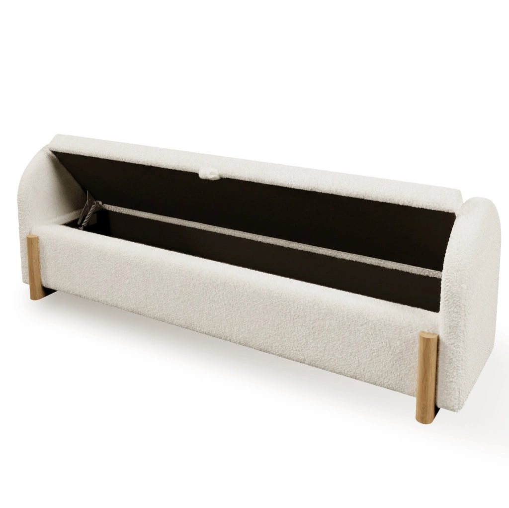 Panca contenitore 146x47x61 cm in boucl¨¦ con MDF e legno massello, bianca