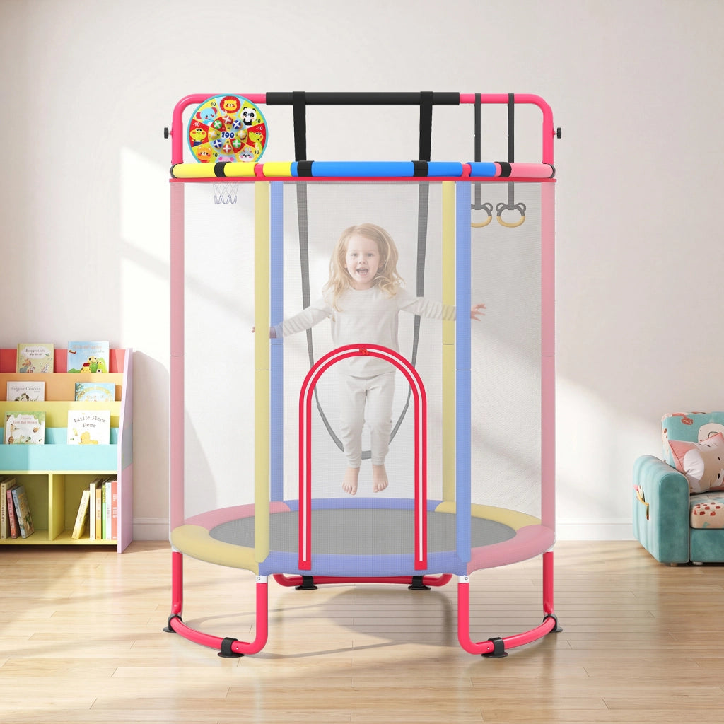 Trampolino per bambini con rete prot. 6in1 60" rialzato, Trampolino altalena/anelli/canestro/bersaglio/sbarra int/ext3+ Multicolore