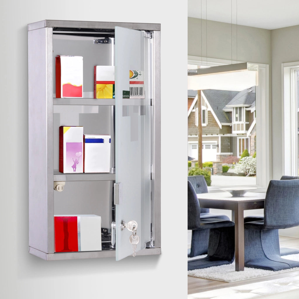Armadio porta medicinali in acciaio inox con 3 ripiani, chiudibile a chiave, 25x12x48 cm, per uso domestico