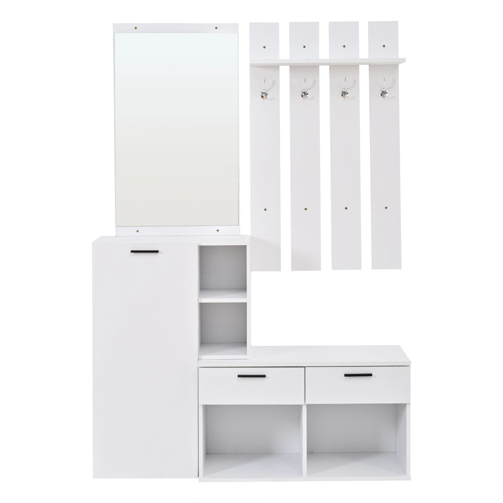 Mobile da ingresso con specchio, anta, 2 cassetti, 10 vani e 4 ganci per ingresso, in MDF bianco, 120 × 35 × 175,5 cm