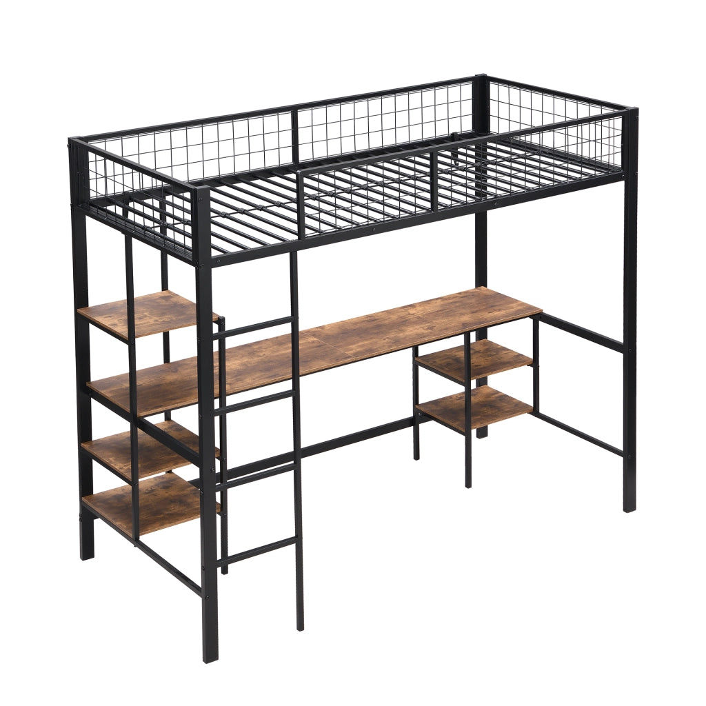 Letto a soppalco 90x200 cm con scrivania e scaffali; struttura in metallo nero e pannelli effetto legno scuro