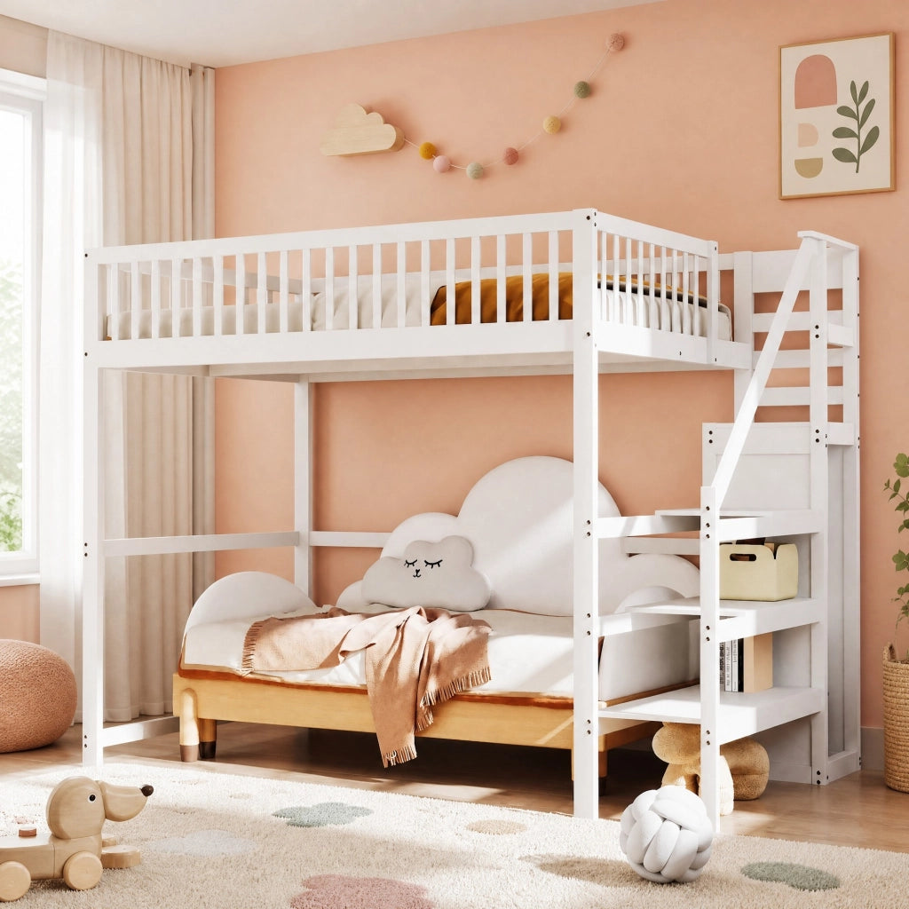 Letto a soppalco 140x200 cm bianco con scala e armadio