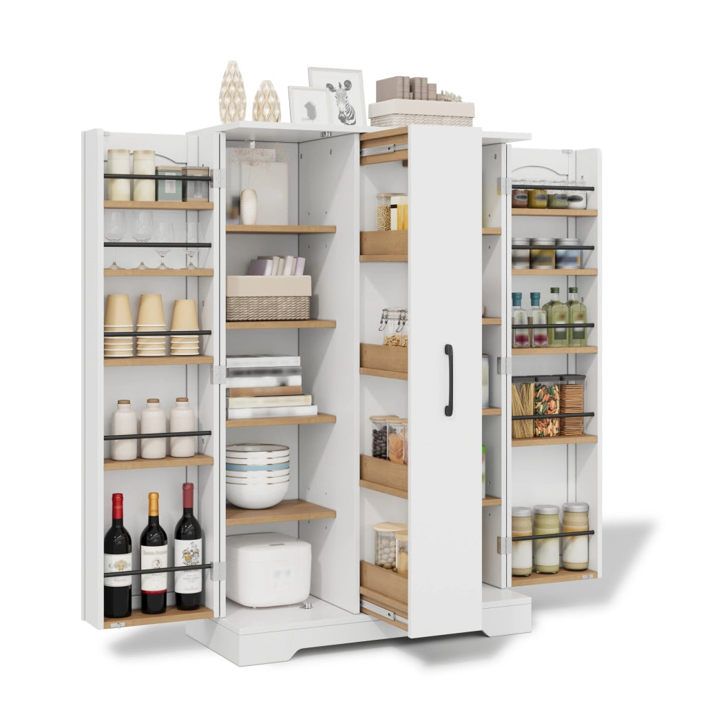 Credenza cucina con portaspezie; 2 ante; 4 ripiani; estraibile verticale; 120x78x35 cm; MDF; bianco