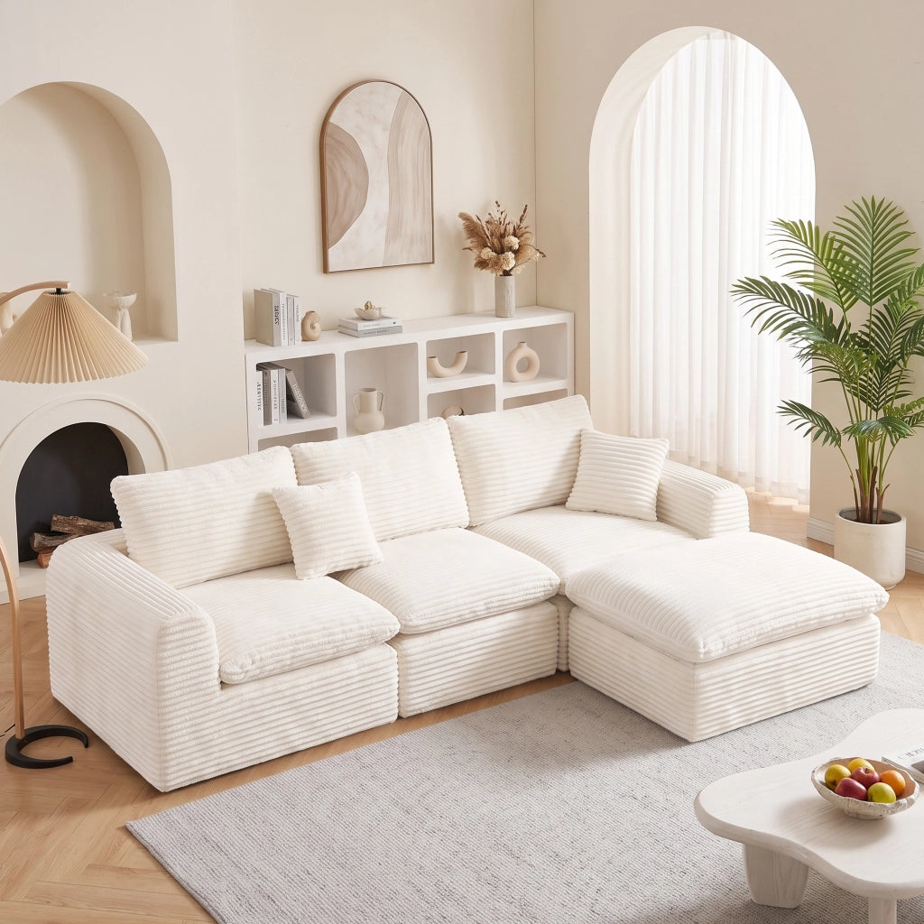 Divano modulare a 3 elementi configurabile con rivestimento in velluto a coste beige