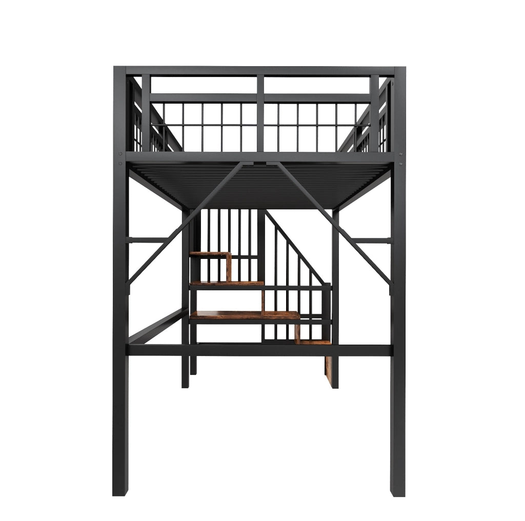 Letto a soppalco 90x200 cm con LED via app, scala contenitore in metallo e MDF nero
