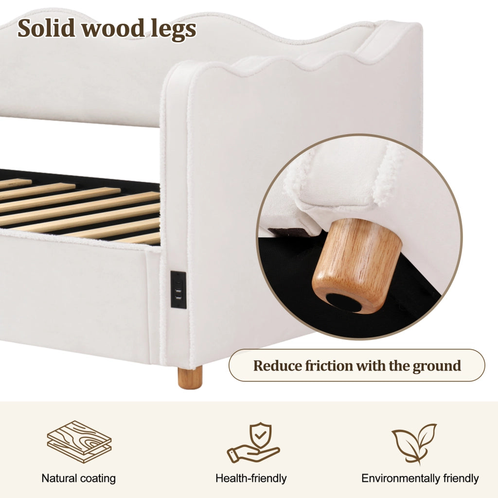 Letto per bambini 90x200 cm imbottito con vano contenitore idraulico; USB e Type-C; velluto beige