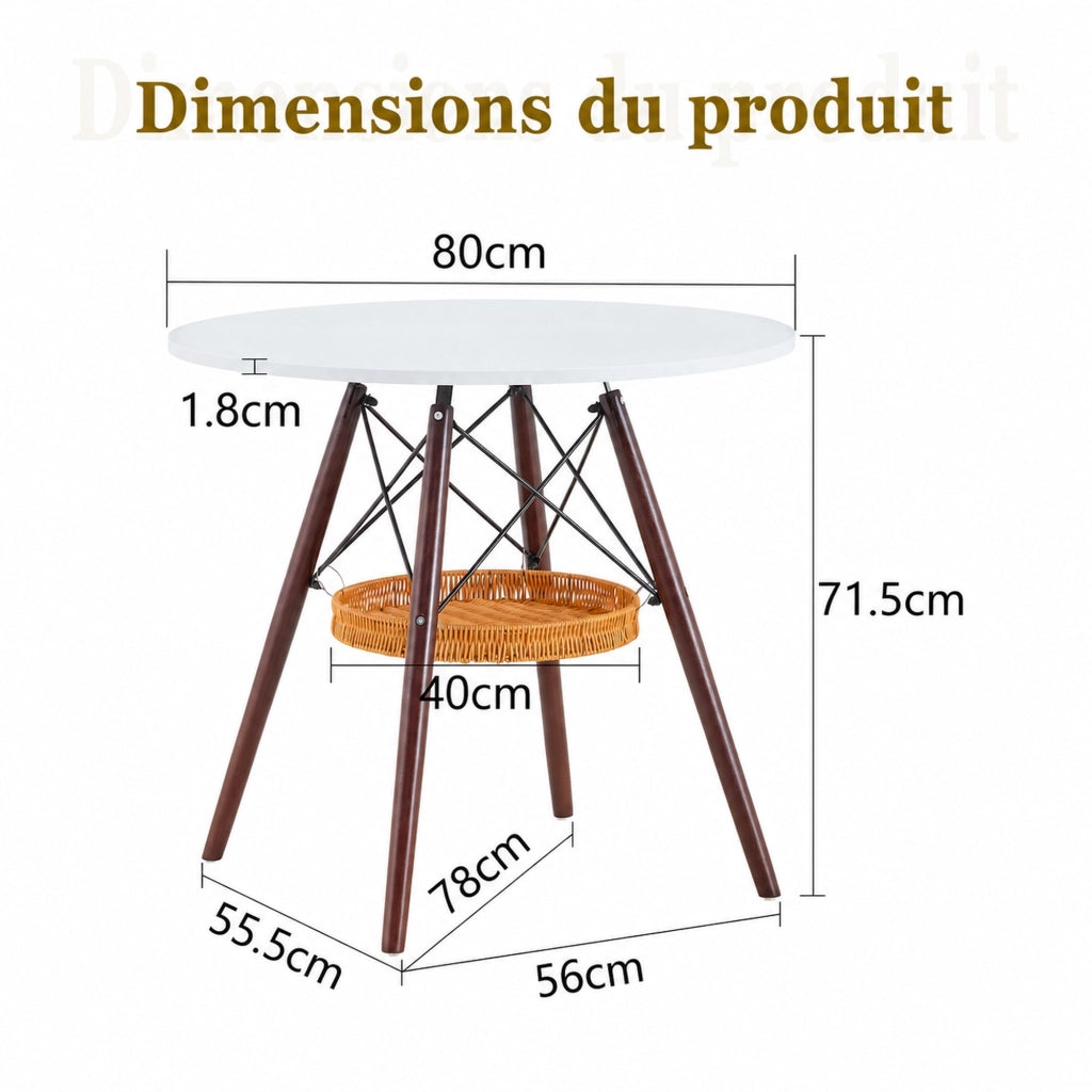 Tavolo da pranzo rotondo ULEVR ?80 cm con cestino sospeso, piano MDF bianco e gambe in legno massello noce