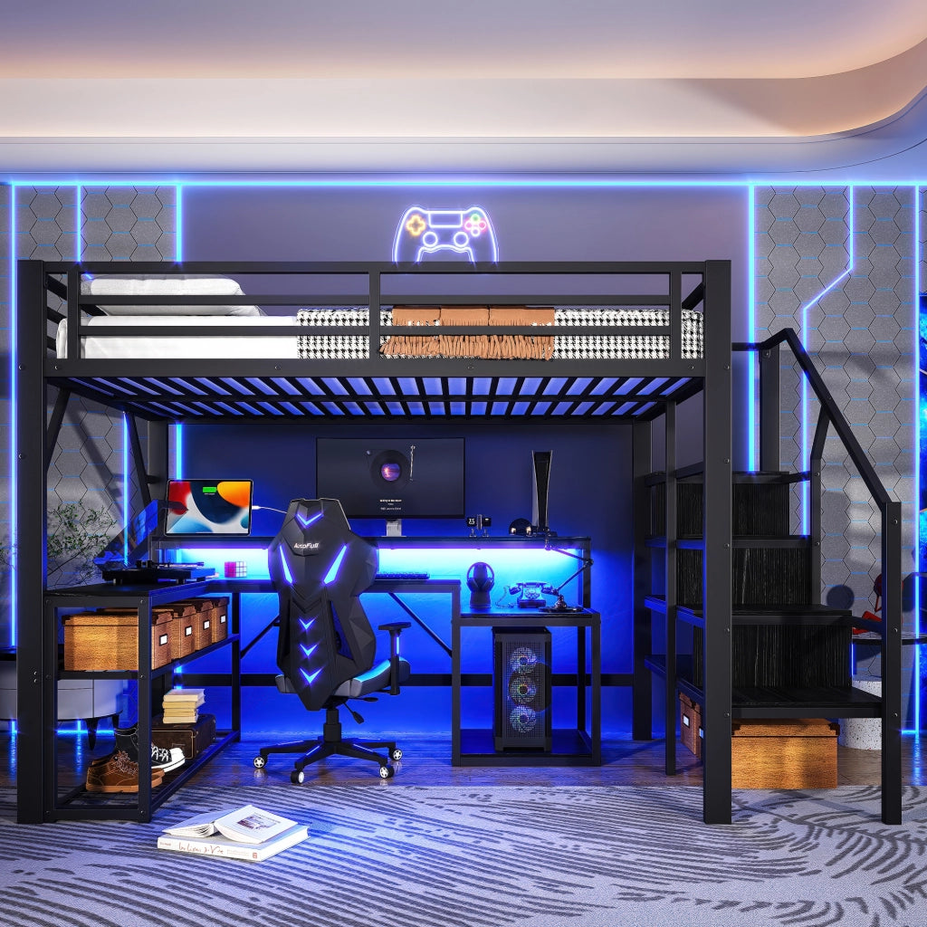 Letto a soppalco 140 × 200 cm con scrivania LED USB vani contenitore e ripiani in metallo e MDF nero