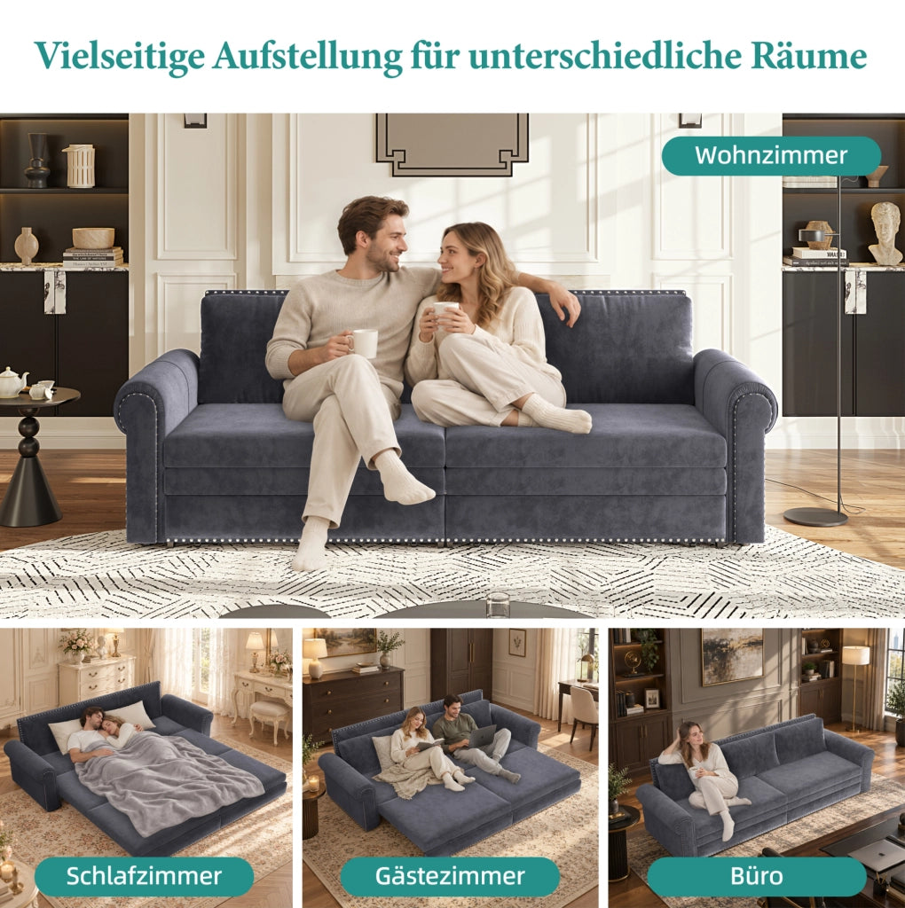 Divano letto estraibile ULEVR 238 cm 3 in 1 con schienali regolabili, velluto grigio e braccioli arrotondati