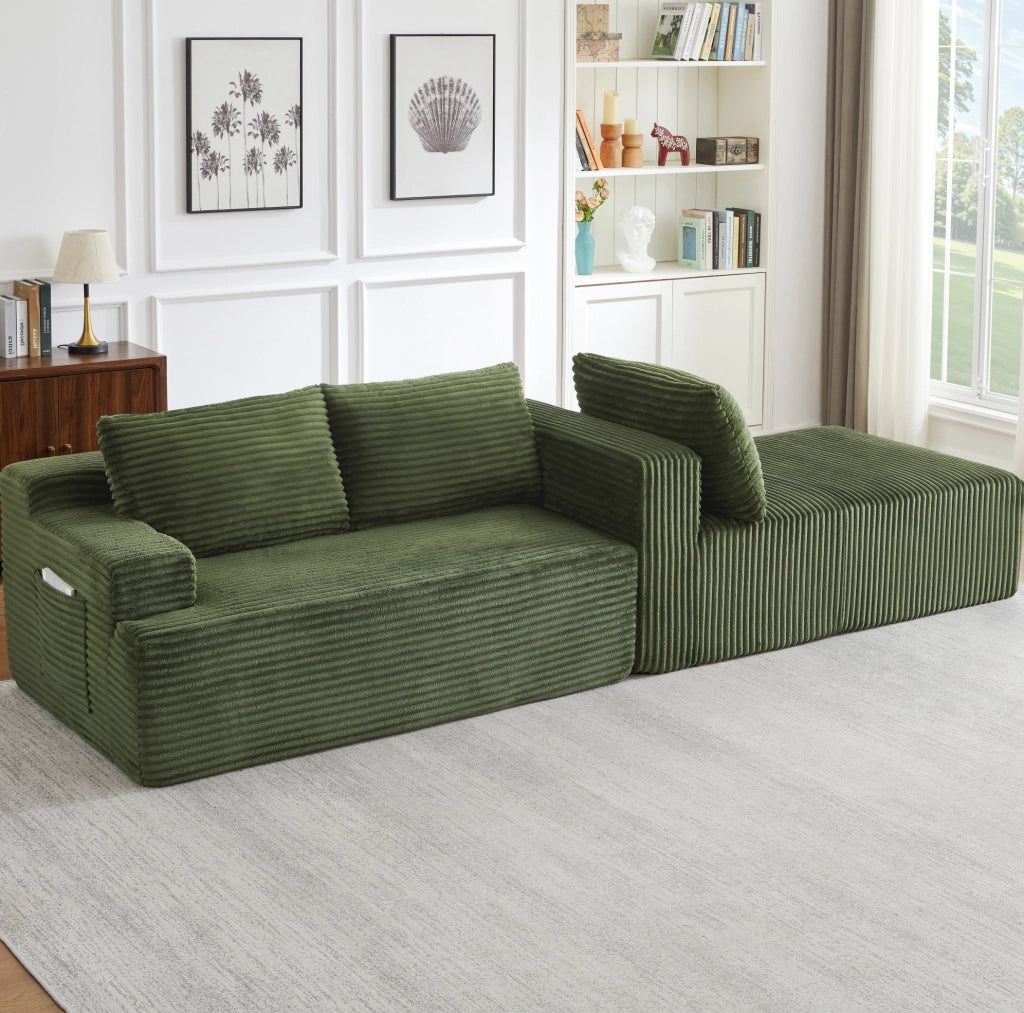 Divano angolare a L 238x152x66 cm in velluto a coste verde, senza montaggio