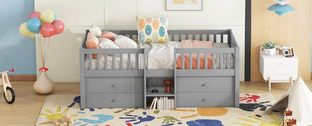 Letto a mezza altezza in pino e MDF 90x200 cm con 4 cassetti, sponda di sicurezza e scala, colore grigio