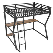 Letto a soppalco 140x200 cm con struttura in ferro, mensola computer, scrivania, LED, prese e USB, scala e ringhiera, nero, senza materasso