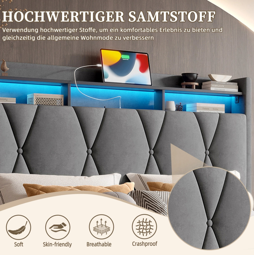 Letto contenitore 140x200 cm con LED, USB e Type-C, testiera con vano e ripiano, velluto grigio scuro