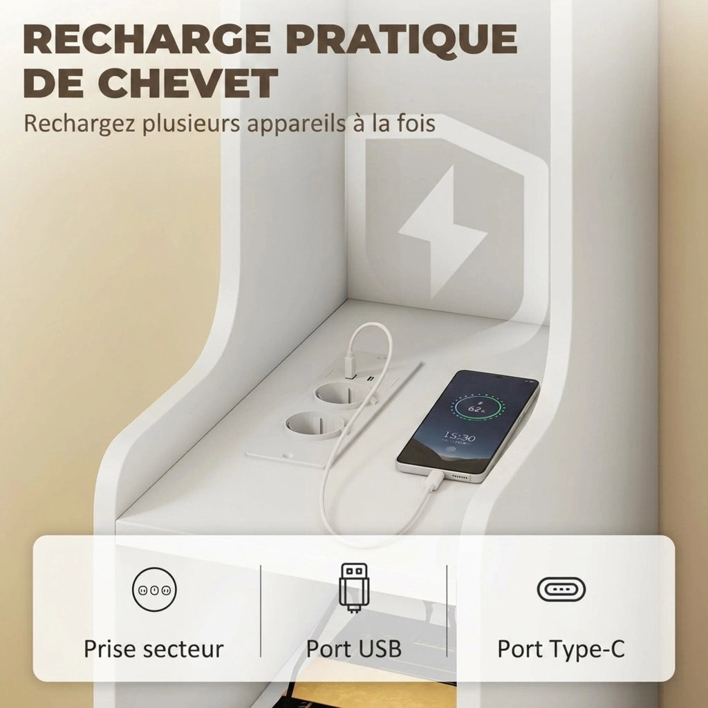 Lot de 2 Tables de Chevet avec Station de Charge, Tables de Nuit Modernes avec Tiroir, Étagères Ouvertes, Blanc