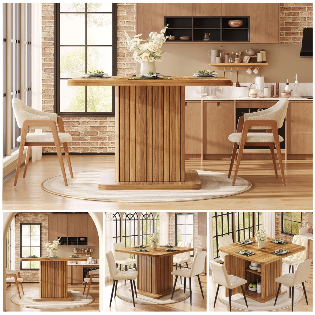 Tavolo da Pranzo Quadrato 80x80 cm 4 Posti con Contenitore LEMONMAX; 2 Ripiani; Ante Scanalate; MDF Effetto Legno Marrone Scuro; H 76 cm